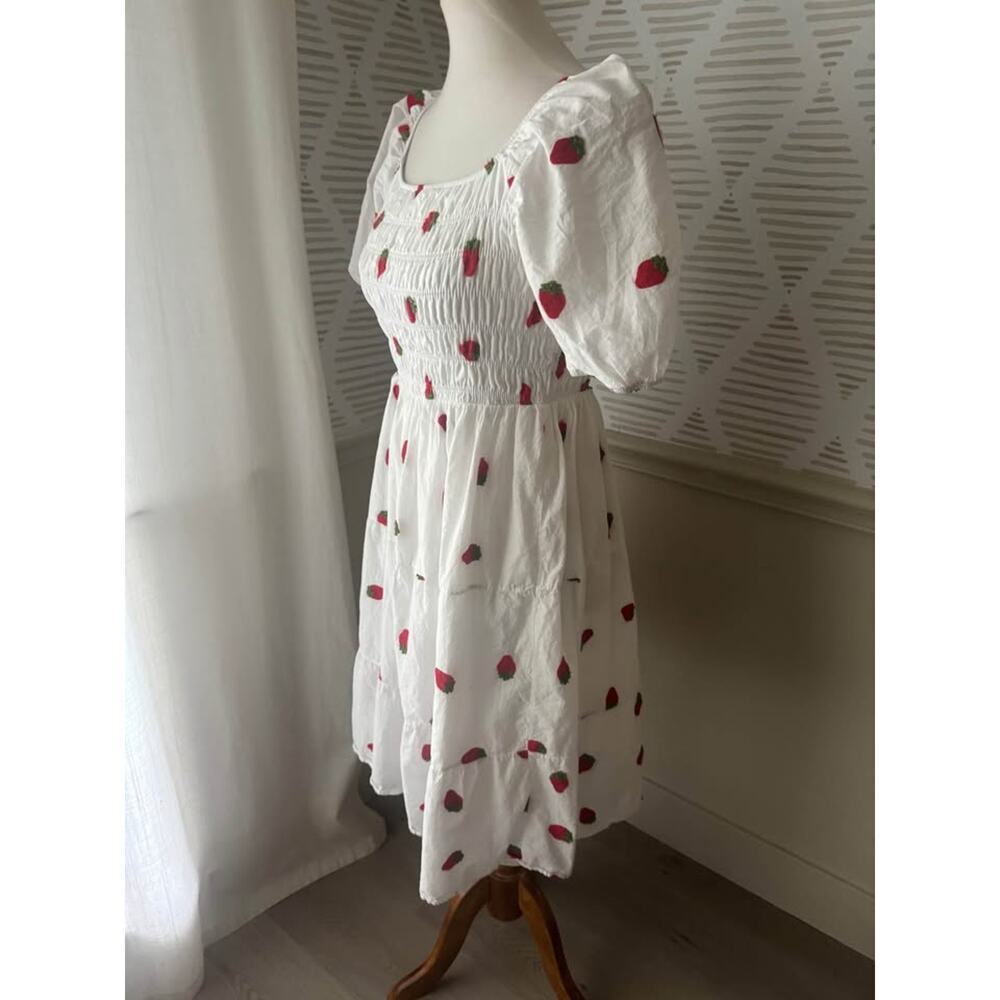 Kindred Small White Embroidered Strawberrry Cottagecore Milkmaid Midi Dress - Picture 3 of 5